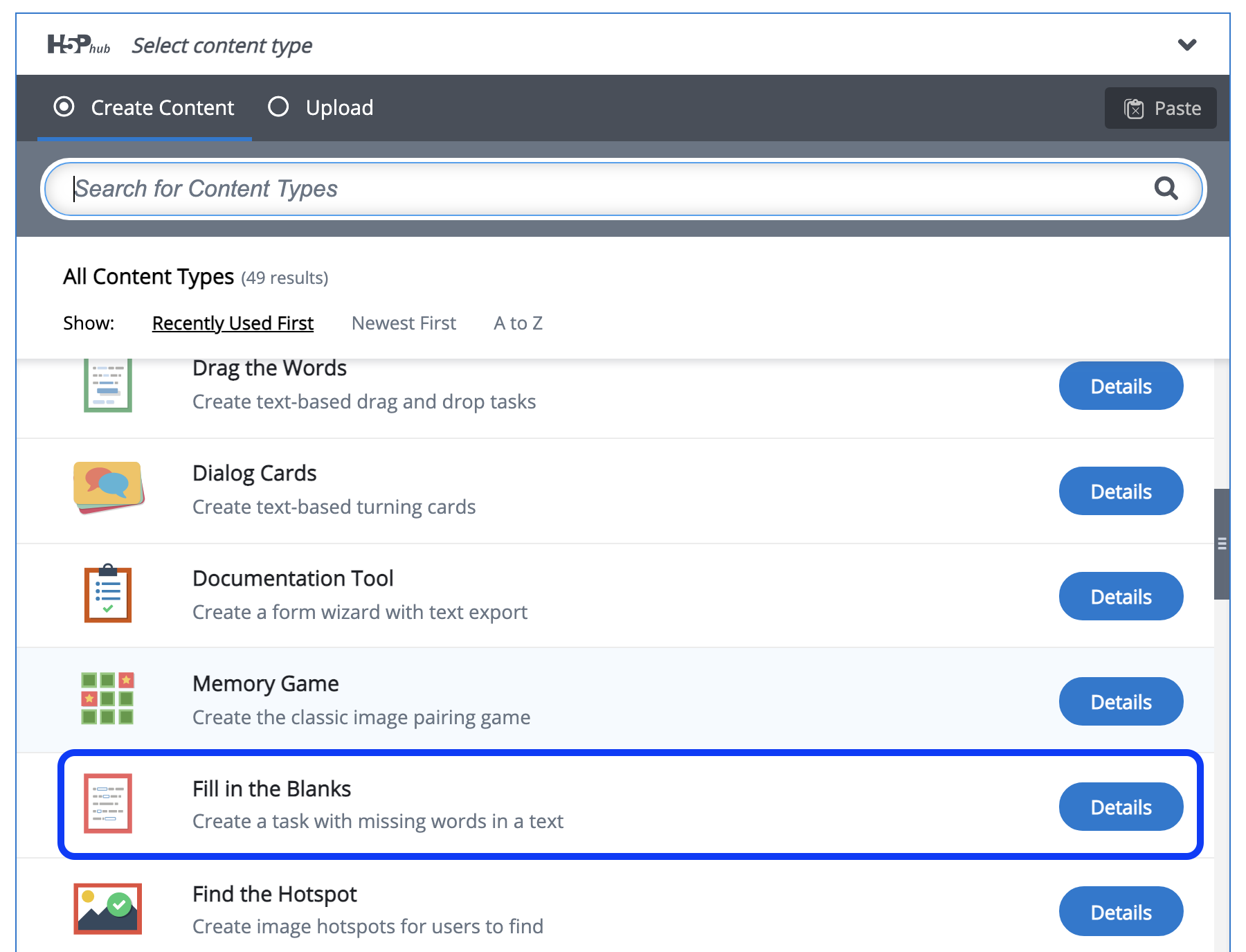 Moodle - H5P Content Menu - Fill in the Blanks 